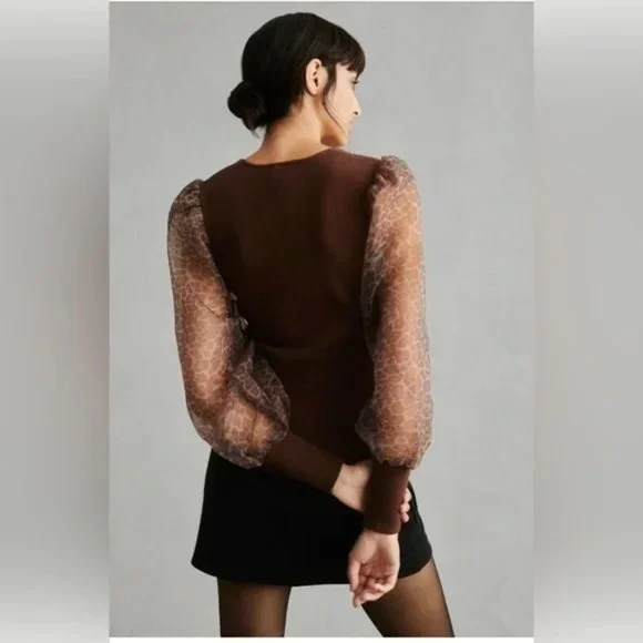 Anthropologie DOLAN Puff-Sleeve Sweater in Brown Motif Leopard NWT - Picture 2 of 6